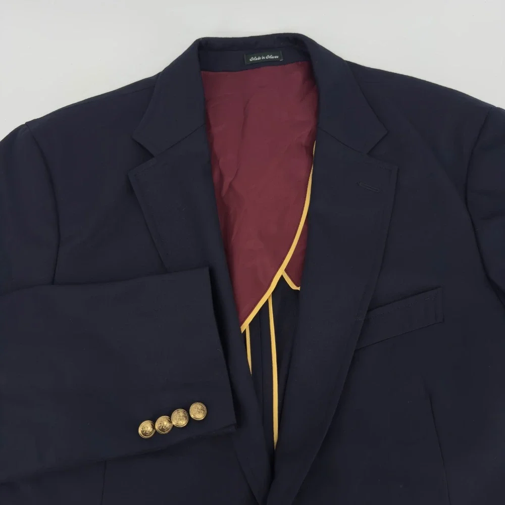 J.Crew Mens Navy Blue Wool Blazer Gold Anchor Buttons Sport Coat 44R Preppy